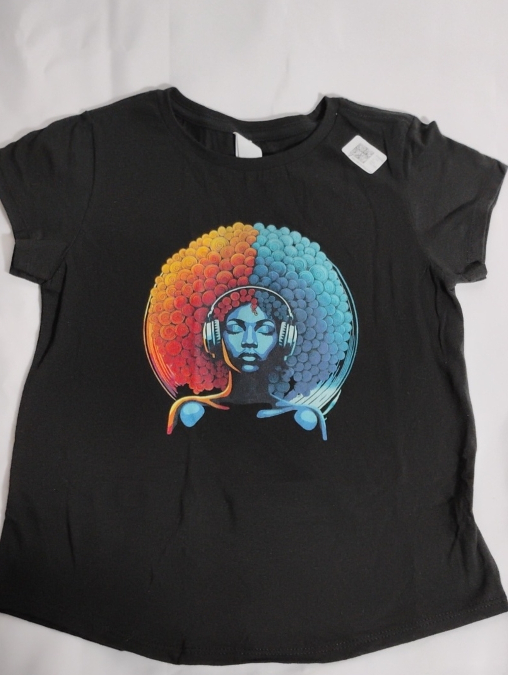 District Black Tee with Red-Orange to Blue Afro Headphone Graphic